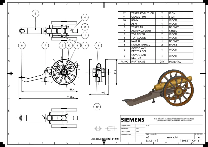 Napoleon sahra topu montaj resmi (Siemens NX)